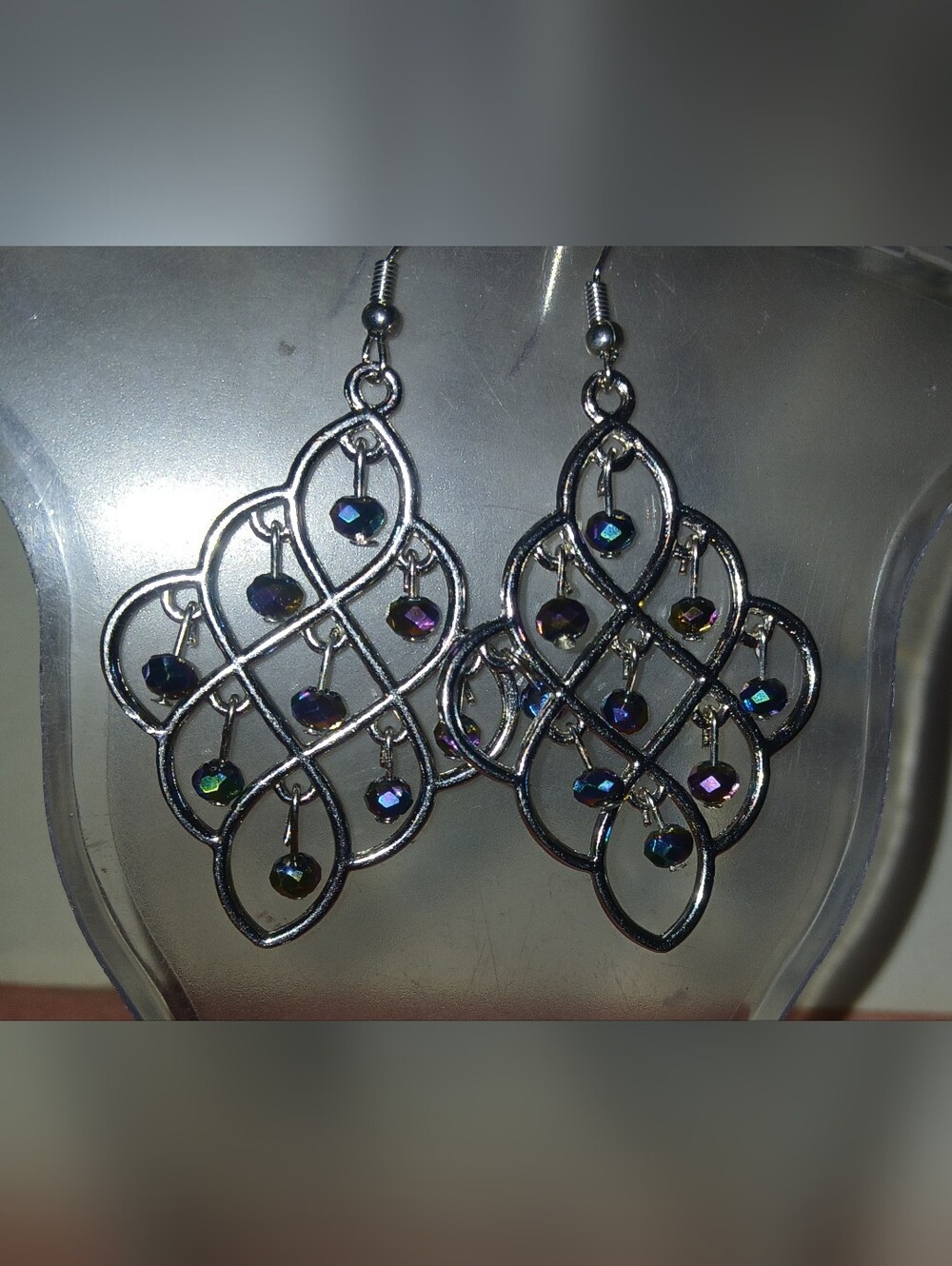 Hand Crafted Silver Tone Dangle Earrings with Iridescent Beads
